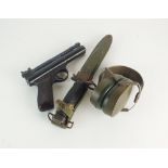 A pair of Racal British Army ear defenders, a US Army bayonet, M4 pattern,