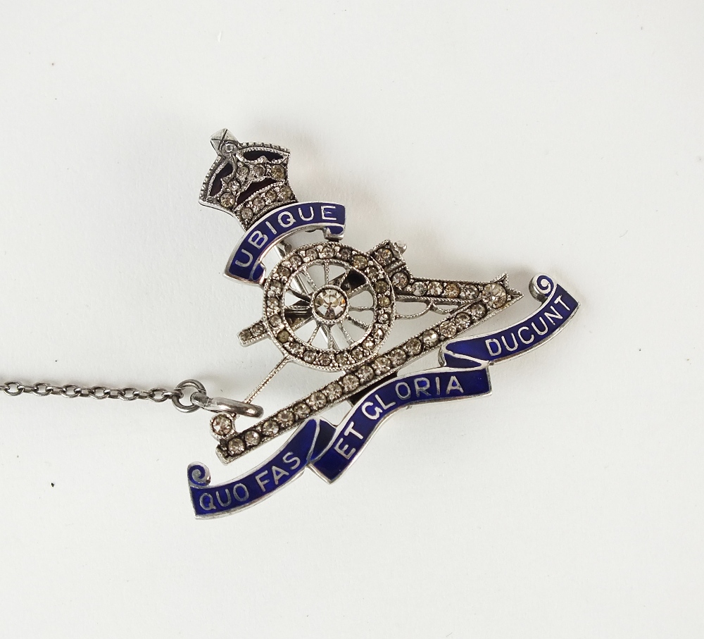 An early 20th century Royal Artillery white metal and blue enamel sweetheart brooch,