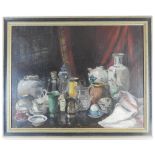 British School, 20th century Still life with ceramics and glass on a table, oil on canvas,