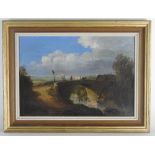 British school, late 19th century River scene with cattle on a bridge, oil on canvas,