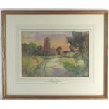 Attributed to Sir George Clausen Rural landscape with church by a track, bears signature lower left,