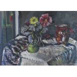 Derek Sayer (British School, 20th/21st century) Still life with flowers and a jug on a table,