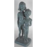 Koos van de Kaaj Sculpture of two standing girls plaster with light blue patina,