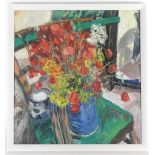 Susan Wilson (British school, 20th century) Still life with flowers in a jug on a chair,