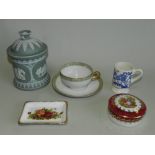 Decorative ceramics and table wares including: a jasper type tobacco jar and a Limoges porcelain