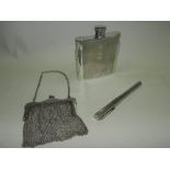 A Continental silver mesh purse together with a white metal pen and a chromium plated hip flask