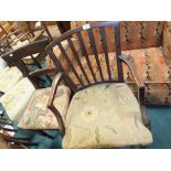 A 19th century mahogany rail back open armchair, two early 19th century bar back dining chairs,