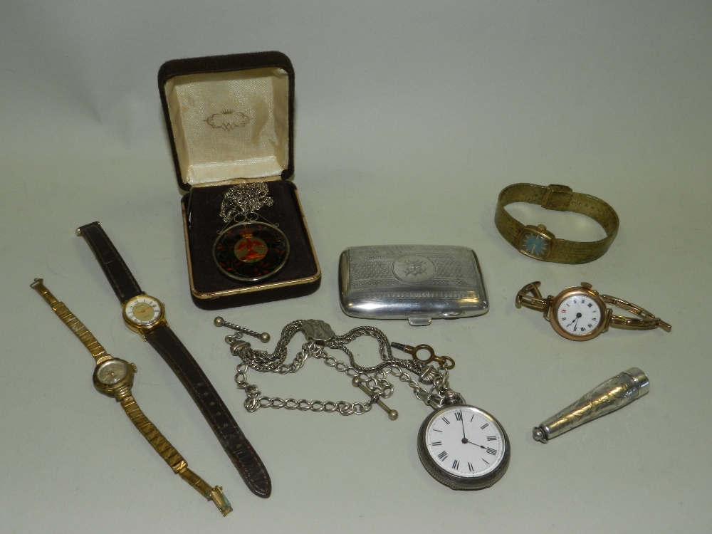 A yellow metal wristwatch with enamel dial together with a gilt metal wristwatch,