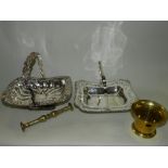 Metal wares to include a brass chestnut roaster, a pair of brass candlesticks,