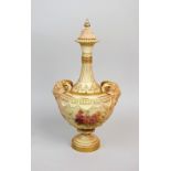 A Royal Worcester porcelain blush ivory pedestal vase and cover, date code for 1897,