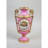 A Coalport porcelain pink ground two handled vase, ampersand mark for 1861-75,