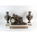 A French bronzed spelter clock garniture, late 19th early 20th century, the clock with 3.
