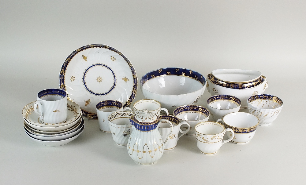 A selection of Worcester 18th century reeded and shanked tea wares, mostly blue and gilt,