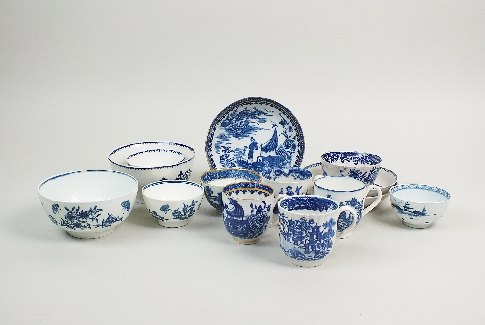 A selection of English porcelain blue and white wares, 18th century,