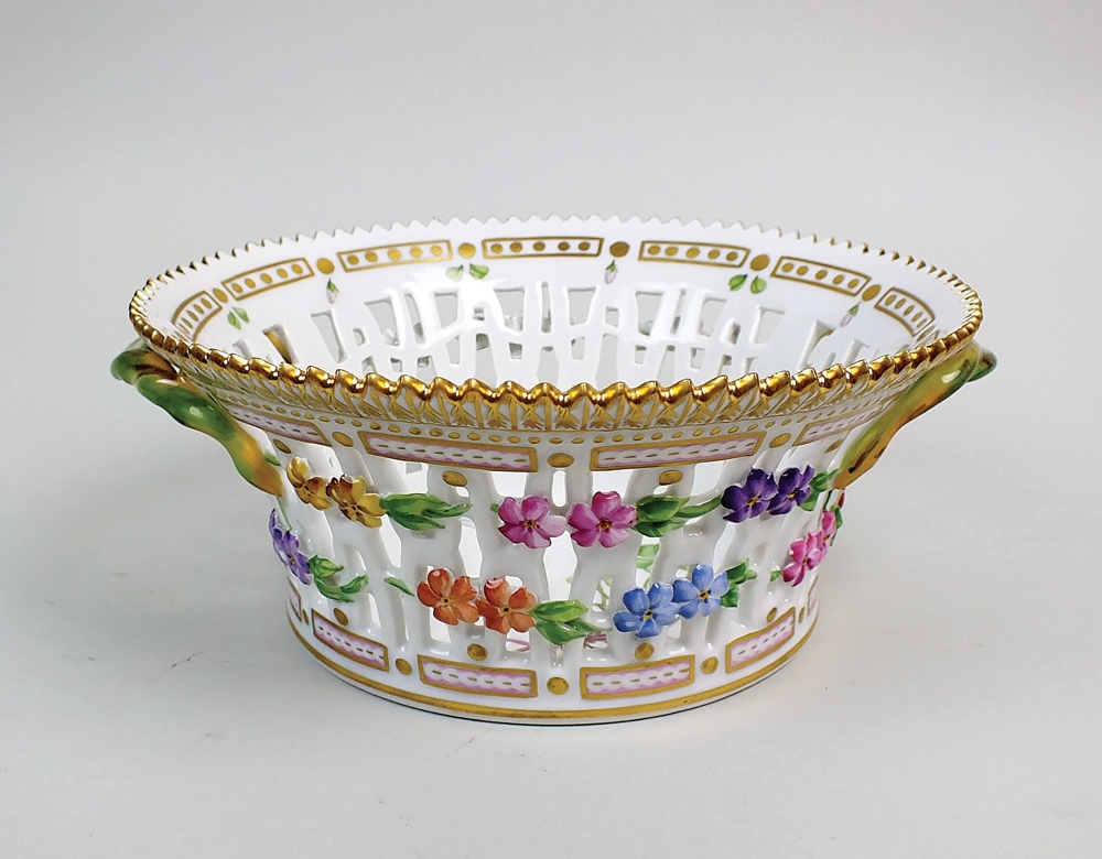 A Royal Copenhagen Flora Danica porcelain dessert basket of reticulated flared circular form with