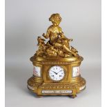 A French gilt metal and porcelain mounted mantel clock, by Le Roy et Fils,