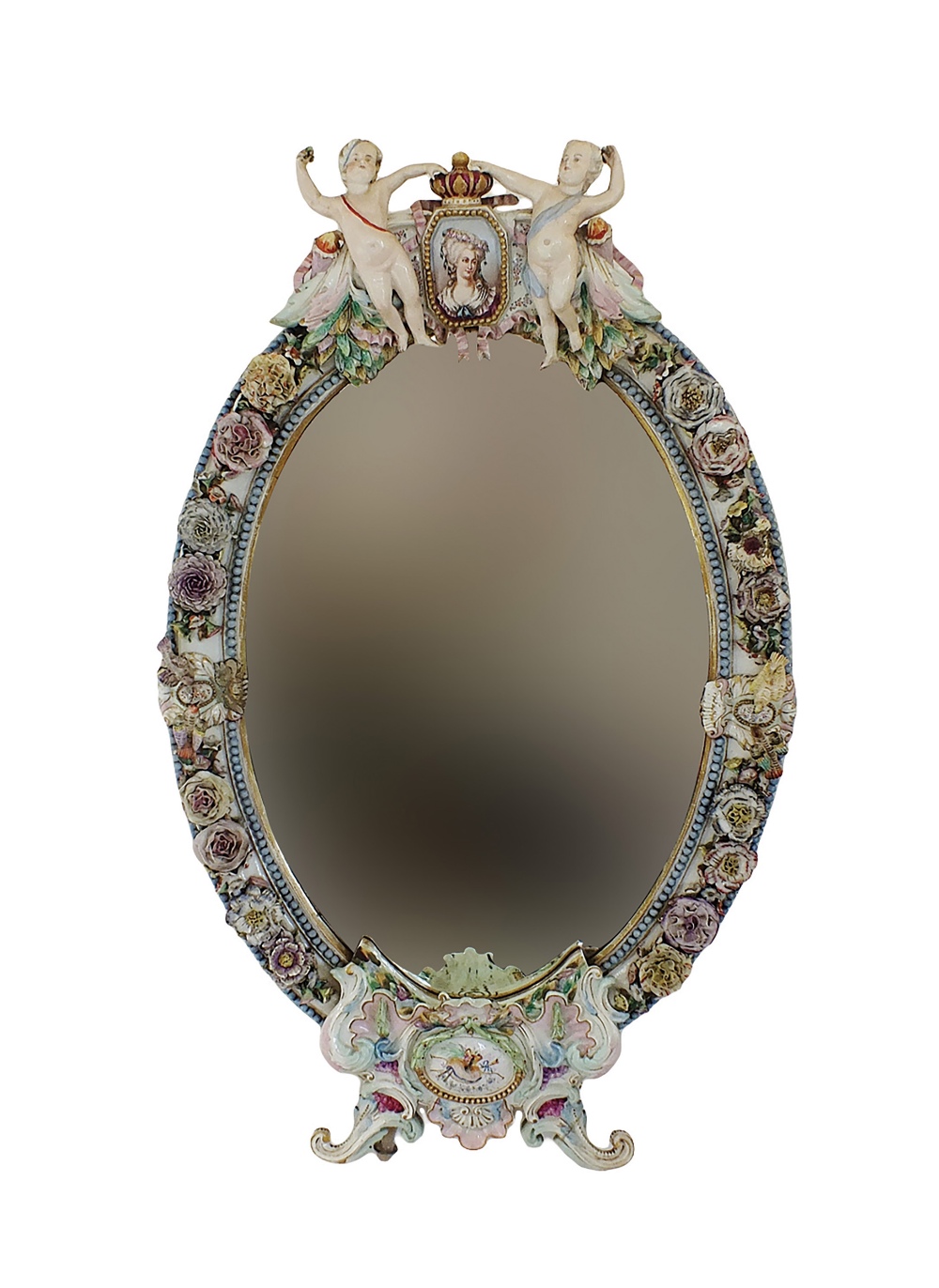 A large oval porcelain florally encrusted mirror, in Meissen style, 19th century,