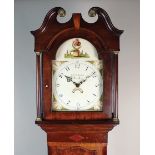 A George III oak and mahogany crossbanded longcase clock, the arched hood with broken scroll,