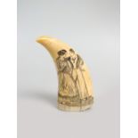 A whale tooth scrimshaw, 19th century engraved with a sailor and his lass,