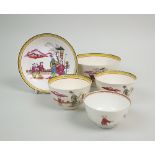 A Liverpool porcelain tea bowl, in famille rose style with a lady proffering a rose to a child,