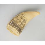 A scrimshaw whale tooth 19th century of a ship, with top sail pennant inscribed 'enirahtaC',