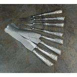 A collection of 18th century silver handled table knives and forks, with steel blades,