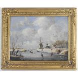 Dutch school, late 19th century, Winter landscape with windmills beside a frozen river,