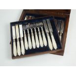 A cased part set of Victorian mother of pearl handled silver fruit knives and forks,