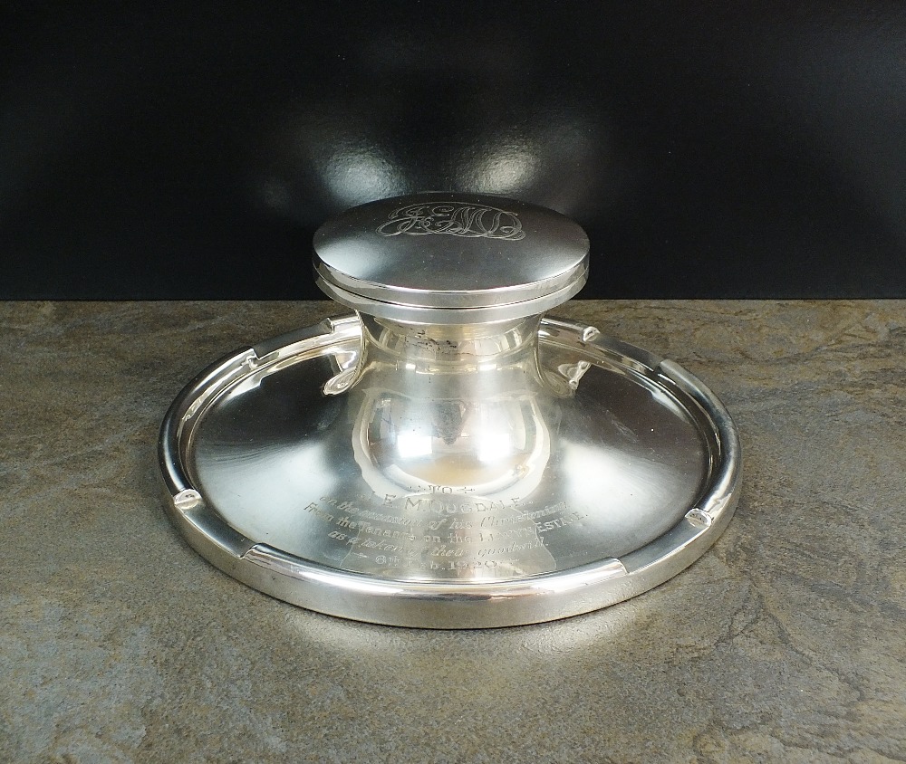 A large silver mounted presentation inkwell, A & J Zimmerman Ltd, Birmingham 1919,