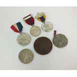 Six assorted commemorative medals, comprising; 1852 white metal death of Wellington, 38mm diameter,