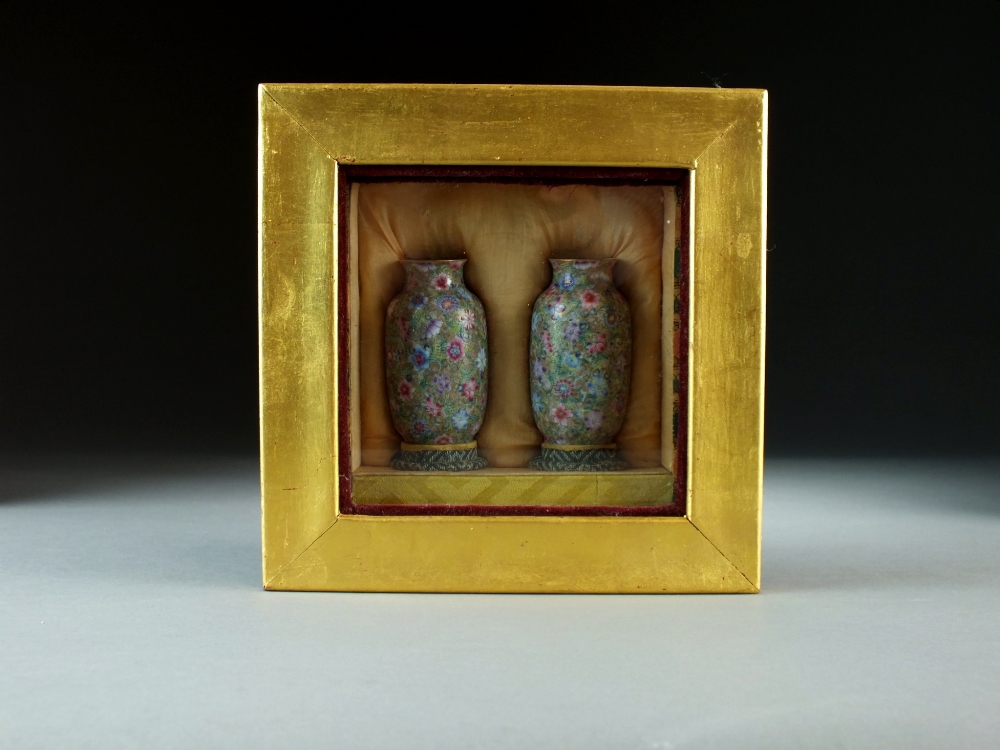 A pair of Chinese famille rose miniature vases, four-character Qianlong marks but Republic period,