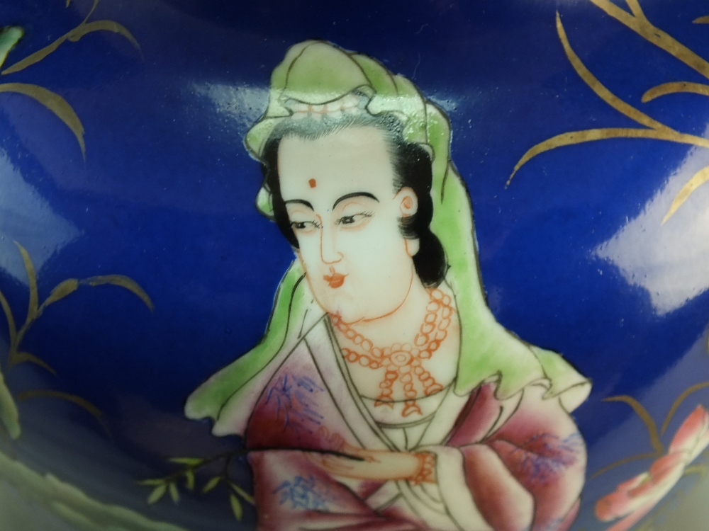 A Chinese powder blue ground famille rose vase, Qianlong seal mark but later, - Image 4 of 7