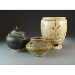 Three Chinese pottery vessels, Han to Tang Dynasty,