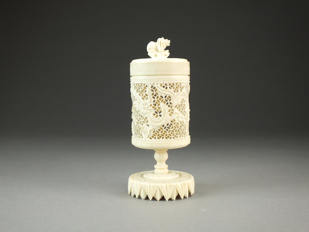 A Chinese Canton carved ivory stem cup and cover,