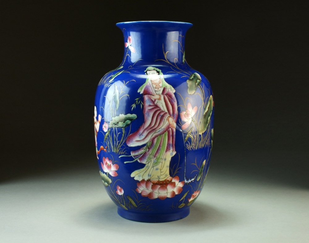 A Chinese powder blue ground famille rose vase, Qianlong seal mark but later,