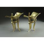 A pair of Chinese bronze tripod ritual goblets, Jue, late Qing Dynasty,