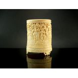 A Chinese Canton carved ivory brush pot, bitong, Qing Dynasty,