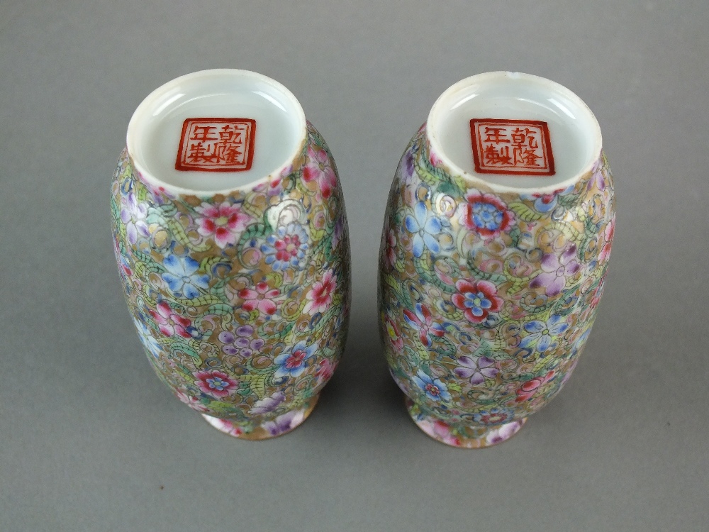 A pair of Chinese famille rose miniature vases, four-character Qianlong marks but Republic period, - Image 3 of 4