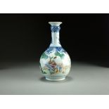 A Chinese famille rose bottle vase, 18th Century, of bottle form with 'garlic' neck and everted rim,