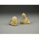 Two small Chinese carved soapstone figures, 19th Century, modelled as a boy and a seated immortal,