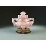 A Chinese rose quartz covered tripod censer, Qing Dynasty,