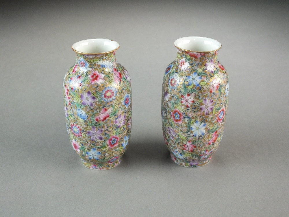 A pair of Chinese famille rose miniature vases, four-character Qianlong marks but Republic period, - Image 2 of 4