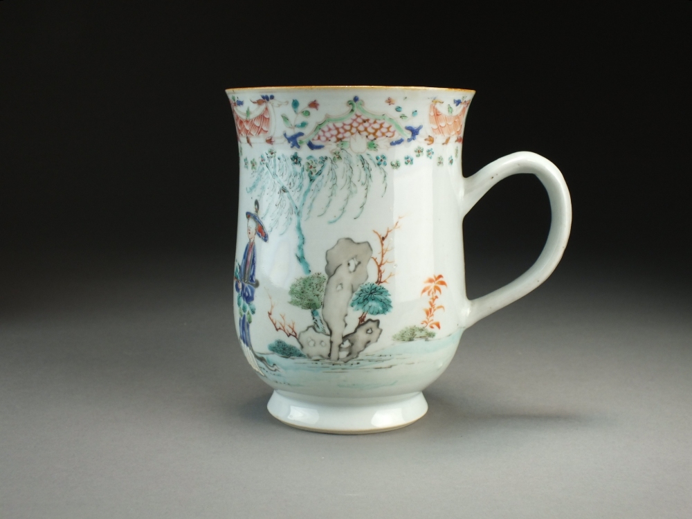 A Chinese famille rose mug, Qianlong, of bell form with plain loop handle,