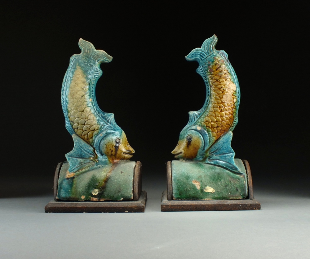 A pair of Chinese sancai glazed roof tiles, Qing Dynasty,