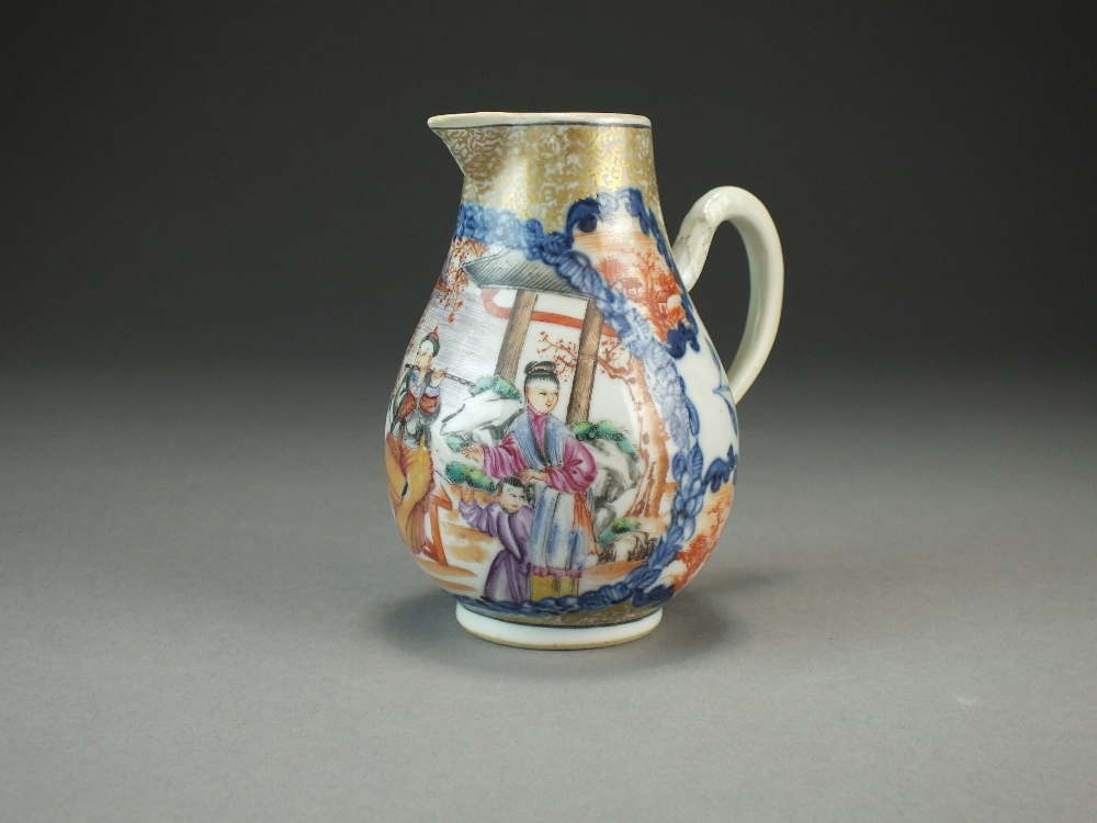 A Chinese famille rose sparrow beak jug, Qianlong, of bellied form with plain loop handle,