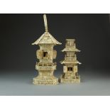 Two Japanese ivory and bone shrines, Meiji/Taisho period, modelled in the form of pagodas,