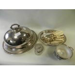 A silver topped glass dressing table jar together with silver plated fish knives and forks,