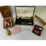 A pink guilloche enamel mounted silver cigarette case together with cased silver backed manicure