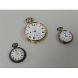 A gold plated open faced pocket watch together with two white metal fob watches