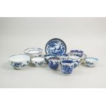 A selection of English porcelain blue and white wares, 18th century,